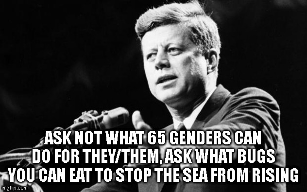 JFK | ASK NOT WHAT 65 GENDERS CAN DO FOR THEY/THEM, ASK WHAT BUGS YOU CAN EAT TO STOP THE SEA FROM RISING | image tagged in jfk | made w/ Imgflip meme maker