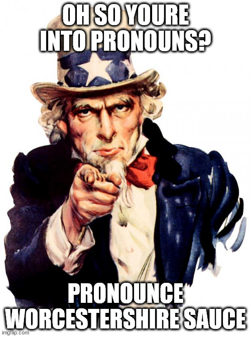 Uncle Sam Meme | OH SO YOURE INTO PRONOUNS? PRONOUNCE WORCESTERSHIRE SAUCE | image tagged in memes,uncle sam,pronouns | made w/ Imgflip meme maker