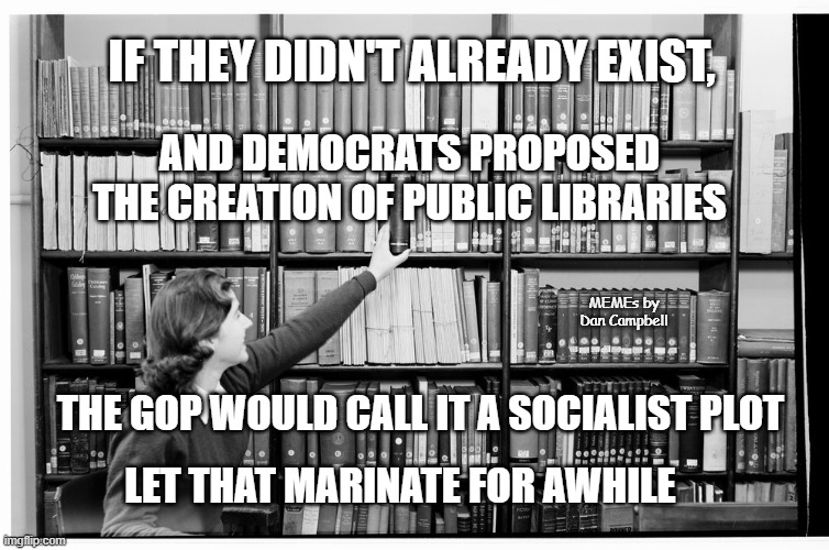 librarian | IF THEY DIDN'T ALREADY EXIST, AND DEMOCRATS PROPOSED THE CREATION OF PUBLIC LIBRARIES; MEMEs by Dan Campbell; THE GOP WOULD CALL IT A SOCIALIST PLOT; LET THAT MARINATE FOR AWHILE | image tagged in librarian | made w/ Imgflip meme maker