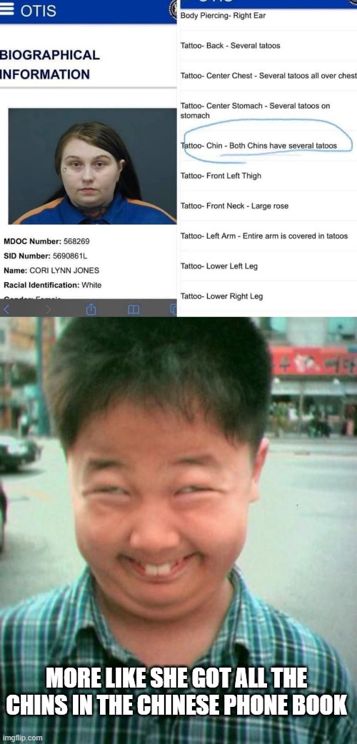 Chins | MORE LIKE SHE GOT ALL THE CHINS IN THE CHINESE PHONE BOOK | image tagged in funny asian face | made w/ Imgflip meme maker