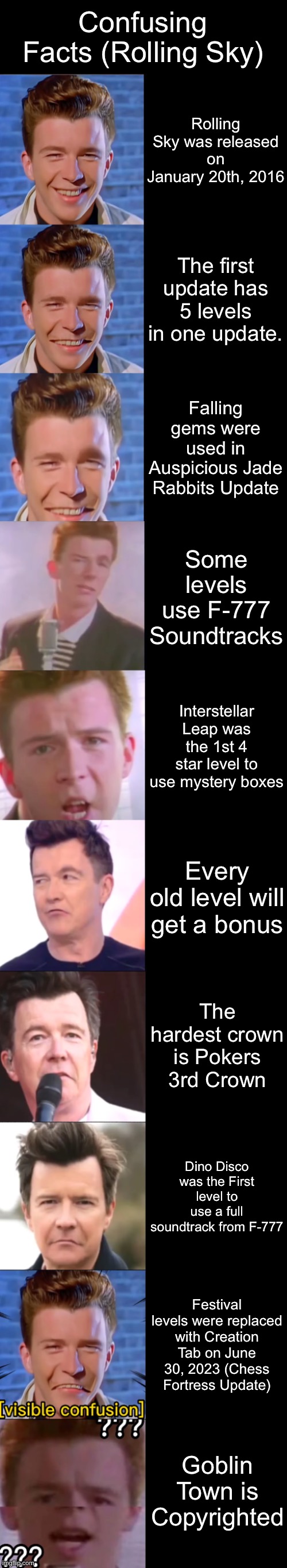 Rick Astley Becoming Confused (Rolling Sky’s Confusing Facts) | Confusing Facts (Rolling Sky); Rolling Sky was released on January 20th, 2016; The first update has 5 levels in one update. Falling gems were used in Auspicious Jade Rabbits Update; Some levels use F-777 Soundtracks; Interstellar Leap was the 1st 4 star level to use mystery boxes; Every old level will get a bonus; The hardest crown is Pokers 3rd Crown; Dino Disco was the First level to use a full soundtrack from F-777; Festival levels were replaced with Creation Tab on June 30, 2023 (Chess Fortress Update); Goblin Town is Copyrighted | image tagged in rick astley becoming confused,rolling sky | made w/ Imgflip meme maker
