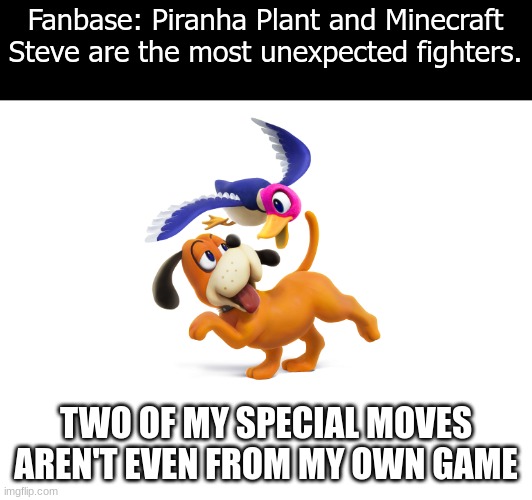 Smash Bros Fighters | Fanbase: Piranha Plant and Minecraft Steve are the most unexpected fighters. TWO OF MY SPECIAL MOVES AREN'T EVEN FROM MY OWN GAME | image tagged in super smash bros,video games,memes | made w/ Imgflip meme maker