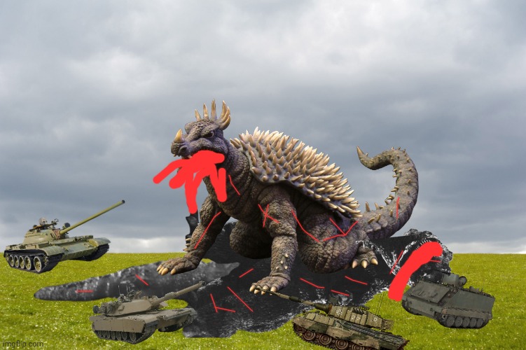 Anguirus, Champion of the Solar System | image tagged in anguirus,godzilla,fight,military,army,tanks | made w/ Imgflip meme maker