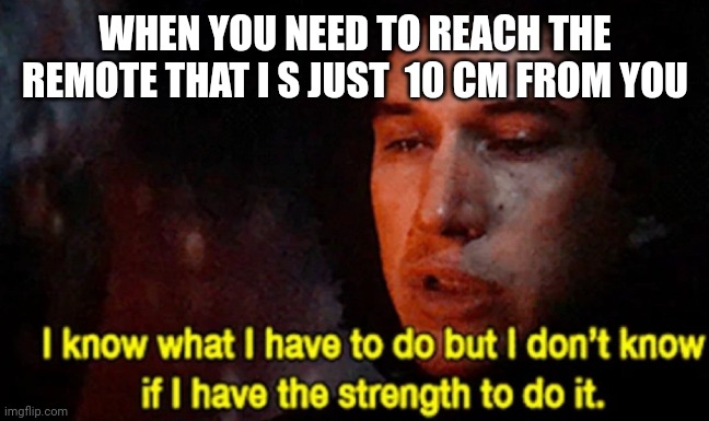 I know what I have to do but I don’t know if I have the strength | WHEN YOU NEED TO REACH THE REMOTE THAT I S JUST  10 CM FROM YOU | image tagged in i know what i have to do but i don t know if i have the strength | made w/ Imgflip meme maker