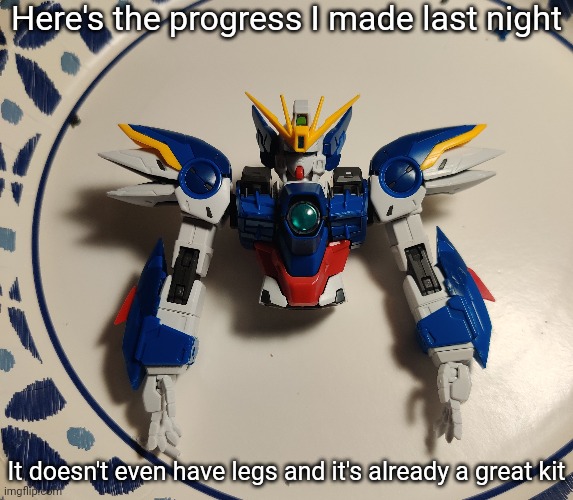 The opening cockpit is just as good as the MG freedom Gundam, and there's already PLENTY of cool mechanisms | Here's the progress I made last night; It doesn't even have legs and it's already a great kit | made w/ Imgflip meme maker