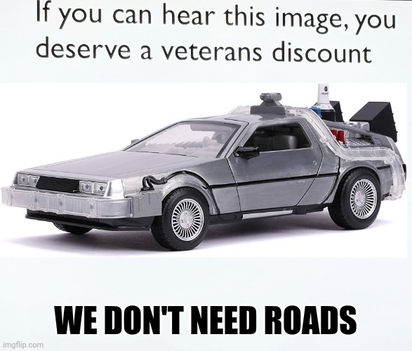 When you can hear the back to the future theme just by looking at a photo | WE DON'T NEED ROADS | image tagged in if you can hear this image you deserve a veterans discount,back to the future | made w/ Imgflip meme maker