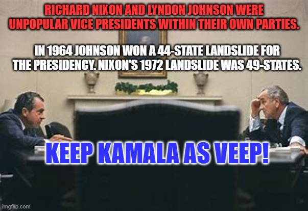 Sometimes you don't know what you've got until it is gone. | RICHARD NIXON AND LYNDON JOHNSON WERE UNPOPULAR VICE PRESIDENTS WITHIN THEIR OWN PARTIES. IN 1964 JOHNSON WON A 44-STATE LANDSLIDE FOR THE PRESIDENCY. NIXON'S 1972 LANDSLIDE WAS 49-STATES. KEEP KAMALA AS VEEP! | image tagged in politics | made w/ Imgflip meme maker