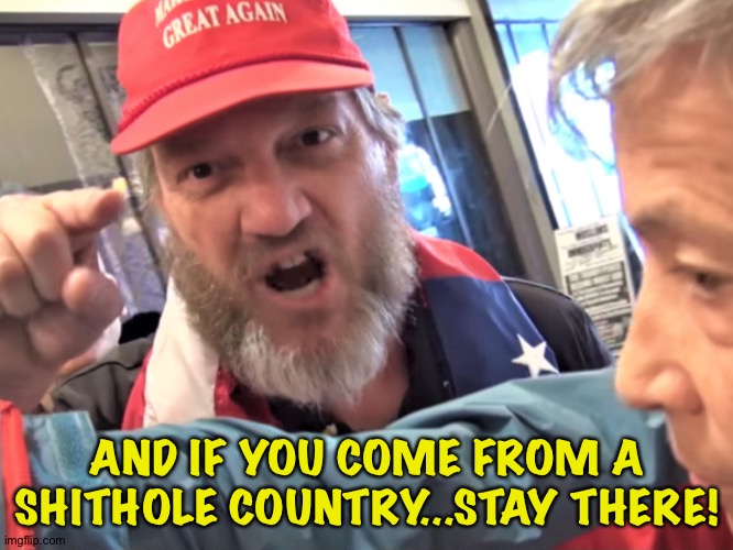 Angry Trump Supporter | AND IF YOU COME FROM A SHITHOLE COUNTRY...STAY THERE! | image tagged in angry trump supporter | made w/ Imgflip meme maker