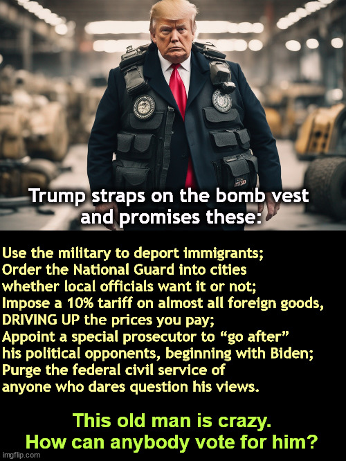 Trump will blow up the country if he doesn't get his way, and maybe even if he does. | Trump straps on the bomb vest 
and promises these:; Use the military to deport immigrants;

Order the National Guard into cities 
whether local officials want it or not;
Impose a 10% tariff on almost all foreign goods, 
DRIVING UP the prices you pay;
Appoint a special prosecutor to “go after” 
his political opponents, beginning with Biden;
Purge the federal civil service of 
anyone who dares question his views. This old man is crazy. How can anybody vote for him? | image tagged in donald trump,hate,destroy,america,democracy,founding fathers | made w/ Imgflip meme maker