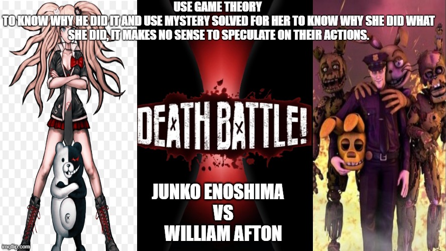 Junko Enoshima vs William Afton | USE GAME THEORY 
TO KNOW WHY HE DID IT AND USE MYSTERY SOLVED FOR HER TO KNOW WHY SHE DID WHAT SHE DID, IT MAKES NO SENSE TO SPECULATE ON THEIR ACTIONS. JUNKO ENOSHIMA   
VS
WILLIAM AFTON | image tagged in boardroom meeting suggestion | made w/ Imgflip meme maker