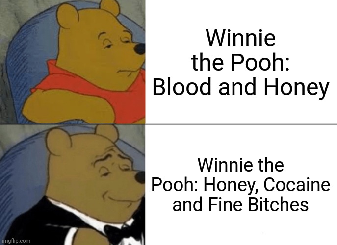 The adult Winnie-the-Pooh movie we need | Winnie the Pooh: Blood and Honey; Winnie the Pooh: Honey, Cocaine and Fine Bitches | image tagged in memes,tuxedo winnie the pooh | made w/ Imgflip meme maker