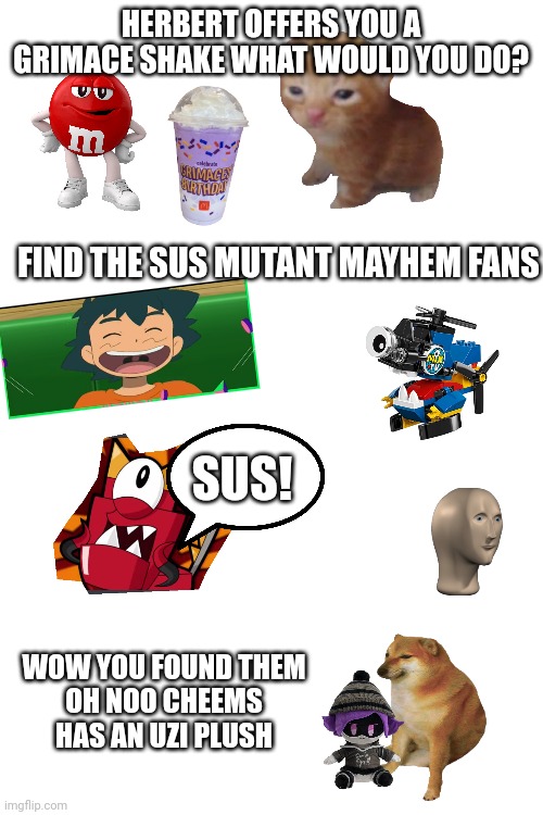 Find the sus mutant mayhem fans sus sus sus sus susssss | HERBERT OFFERS YOU A GRIMACE SHAKE WHAT WOULD YOU DO? FIND THE SUS MUTANT MAYHEM FANS; SUS! WOW YOU FOUND THEM
OH NOO CHEEMS HAS AN UZI PLUSH | image tagged in sus,memes,funny,why are you reading this | made w/ Imgflip meme maker