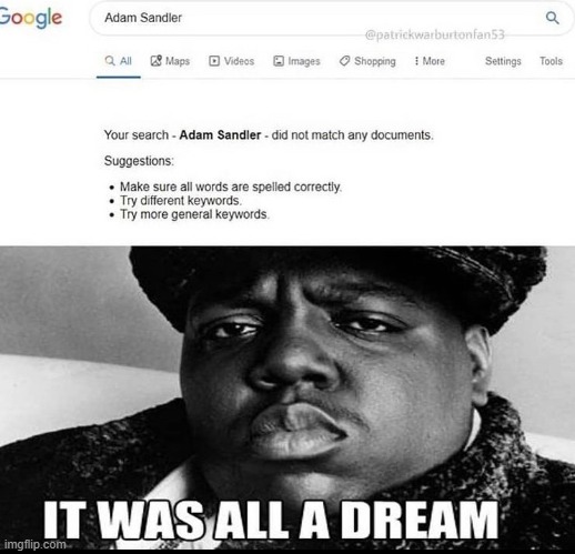 "Remember Adam Sandler? Nuh uh, Nuh uh. I never thought that comedy would take it this far." | image tagged in biggie smalls,adam sandler,google,funny | made w/ Imgflip meme maker