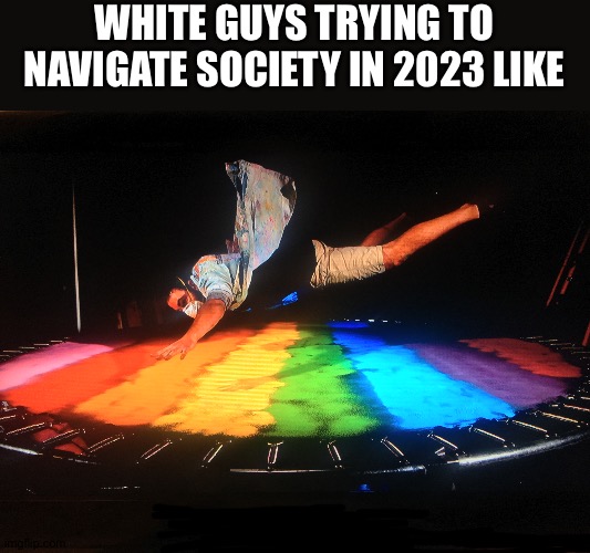 ...a trampoline covered in glitter | WHITE GUYS TRYING TO NAVIGATE SOCIETY IN 2023 LIKE | image tagged in lgbtq | made w/ Imgflip meme maker