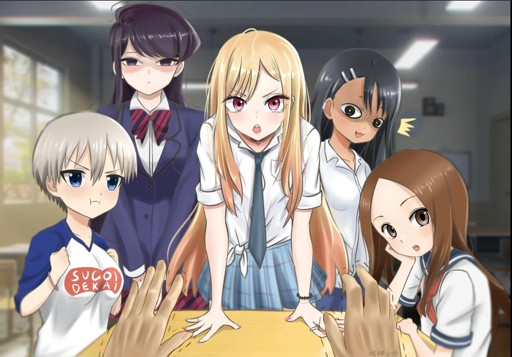 Anime girls crowding your desk Blank Meme Template
