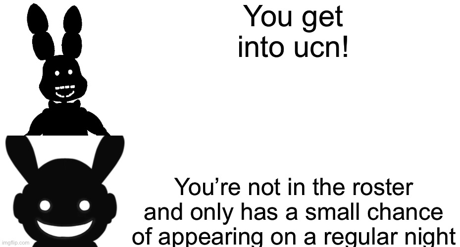Huh…what? | You get into ucn! You’re not in the roster and only has a small chance of appearing on a regular night | image tagged in blank white template | made w/ Imgflip meme maker
