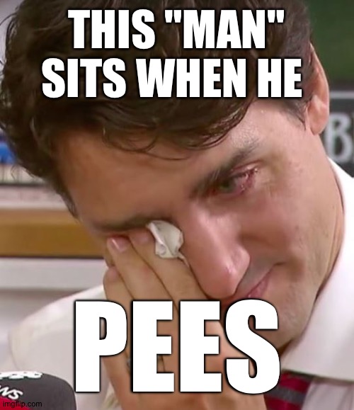 Disgrace. | THIS "MAN" SITS WHEN HE; PEES | image tagged in justin trudeau crying | made w/ Imgflip meme maker