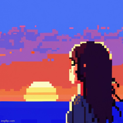 why is the new ai image maker so cool | image tagged in pixel art of girl looking at sunset | made w/ Imgflip meme maker