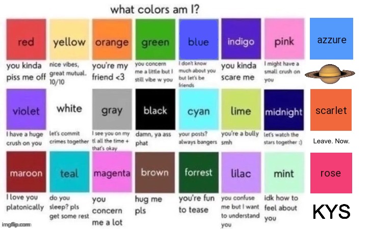 What colors am I extended custom | Leave. Now. KYS | image tagged in what colors am i extended,msmg | made w/ Imgflip meme maker