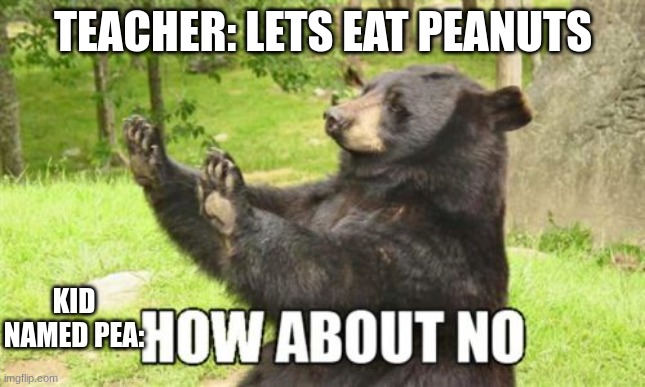 concerned | TEACHER: LETS EAT PEANUTS; KID NAMED PEA: | image tagged in memes,how about no bear | made w/ Imgflip meme maker
