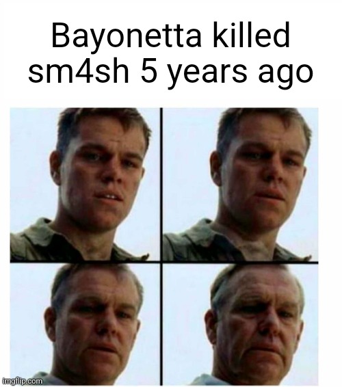 A meme for every character every day #67 | Bayonetta killed sm4sh 5 years ago | image tagged in matt damon gets older,memes,super smash bros,bayonetta | made w/ Imgflip meme maker