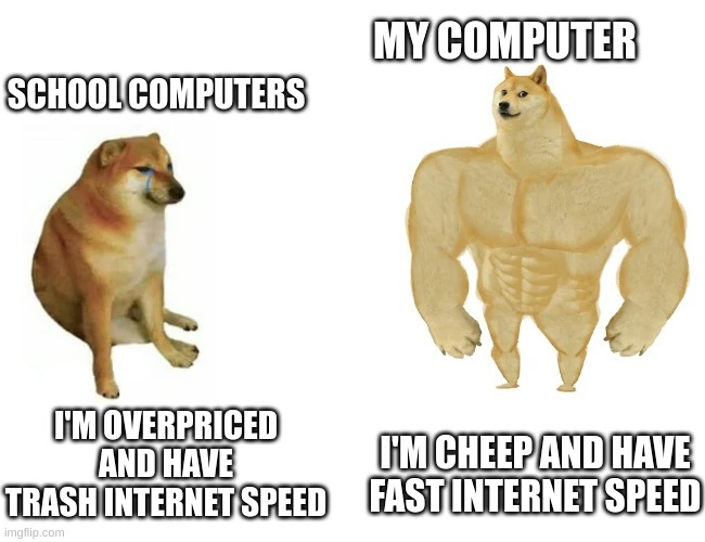 image title | MY COMPUTER; SCHOOL COMPUTERS; I'M OVERPRICED AND HAVE TRASH INTERNET SPEED; I'M CHEEP AND HAVE FAST INTERNET SPEED | image tagged in cheems vs buff doge | made w/ Imgflip meme maker