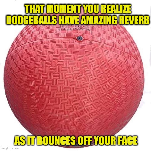 I finally found the reverb sound I've been searching for | THAT MOMENT YOU REALIZE DODGEBALLS HAVE AMAZING REVERB; AS IT BOUNCES OFF YOUR FACE | image tagged in dodgeball,guitar,top gear,mass effect,ouch,musician jokes | made w/ Imgflip meme maker