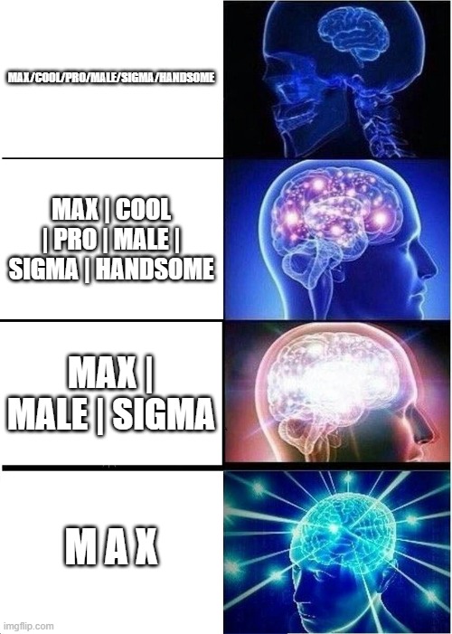 Roleplayer Names In A Nutshell | MAX/COOL/PRO/MALE/SIGMA/HANDSOME; MAX | COOL | PRO | MALE | SIGMA | HANDSOME; MAX | MALE | SIGMA; M A X | image tagged in memes,expanding brain | made w/ Imgflip meme maker