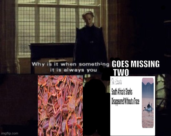Snow crabs and sharks eh | GOES MISSING; TWO | image tagged in why is it when something happens it is always you three | made w/ Imgflip meme maker