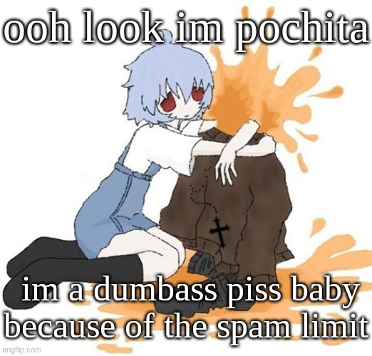 rei | ooh look im pochita; im a dumbass piss baby because of the spam limit | image tagged in rei | made w/ Imgflip meme maker