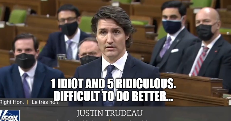 Trudeau | 1 IDIOT AND 5 RIDICULOUS. DIFFICULT TO DO BETTER... | image tagged in justin trudeau | made w/ Imgflip meme maker