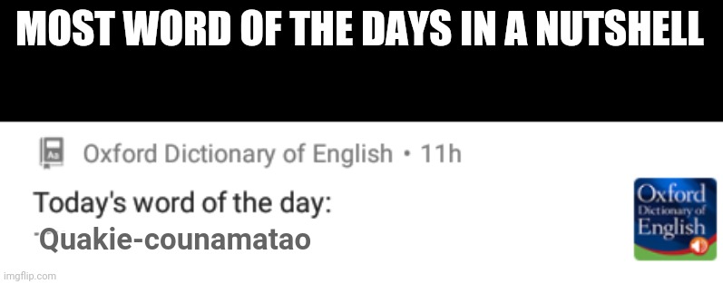 Always a word that never exists or something that isn't even a word! | MOST WORD OF THE DAYS IN A NUTSHELL; Quakie-counamatao | made w/ Imgflip meme maker