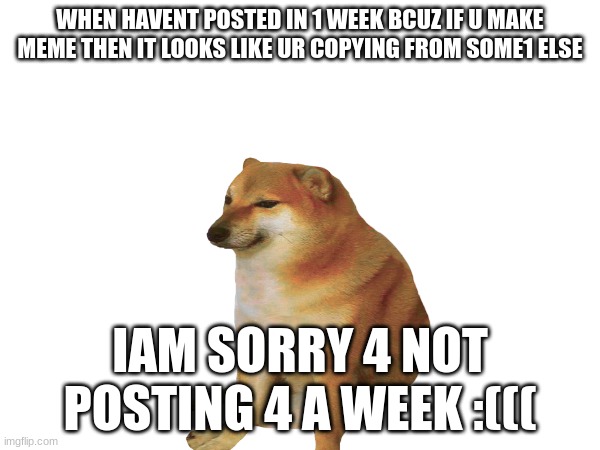 sorry guys :( | WHEN HAVENT POSTED IN 1 WEEK BCUZ IF U MAKE MEME THEN IT LOOKS LIKE UR COPYING FROM SOME1 ELSE; IAM SORRY 4 NOT POSTING 4 A WEEK :((( | image tagged in sorry | made w/ Imgflip meme maker
