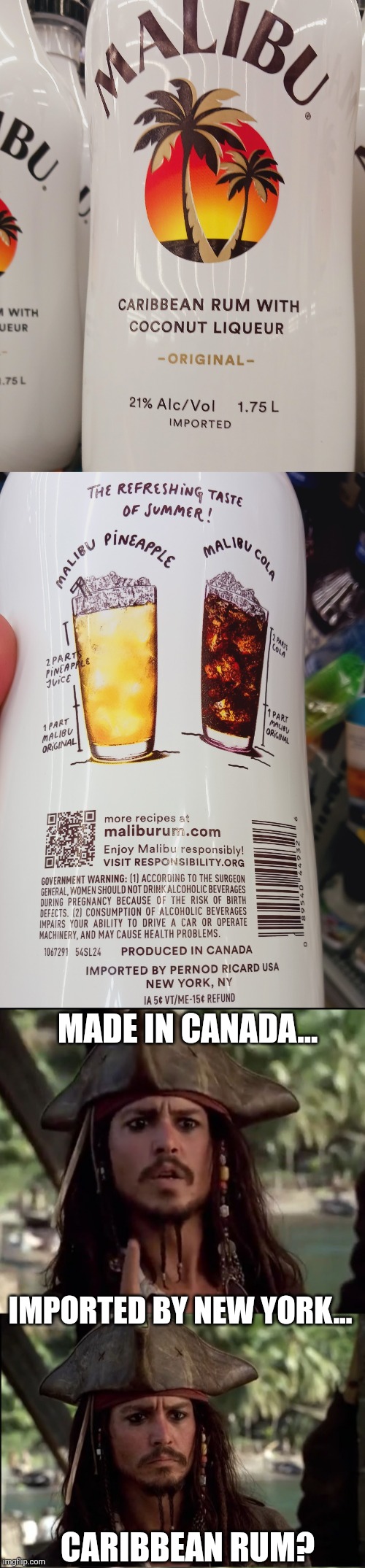 AND THE PALM TREE? | MADE IN CANADA... IMPORTED BY NEW YORK... CARIBBEAN RUM? | image tagged in jack sparrow holding up finger,rum,jack sparrow,pirates of the caribbean | made w/ Imgflip meme maker