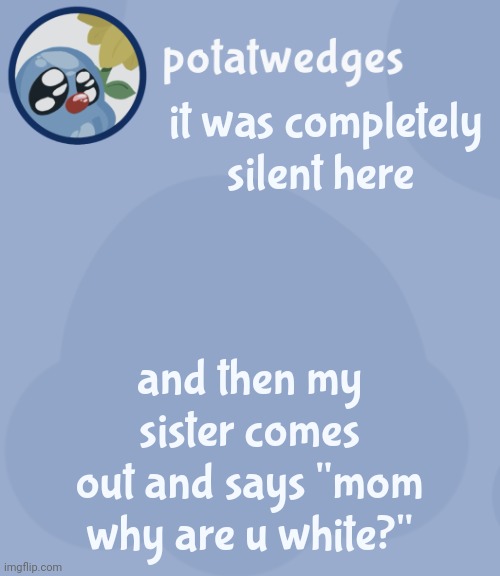 idfk | it was completely silent here; and then my sister comes out and says "mom why are u white?" | image tagged in potats third squish temp no way | made w/ Imgflip meme maker