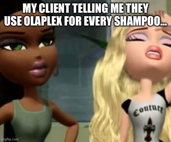Olaplex shampoo | MY CLIENT TELLING ME THEY USE OLAPLEX FOR EVERY SHAMPOO… | image tagged in hair,shampoo | made w/ Imgflip meme maker