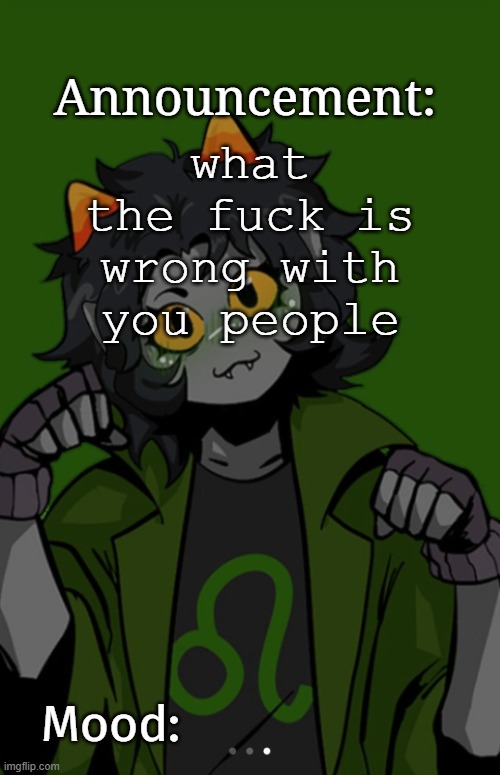 SG91 Nepeta announcement temp | what the fuck is wrong with you people | image tagged in sg91 nepeta announcement temp | made w/ Imgflip meme maker