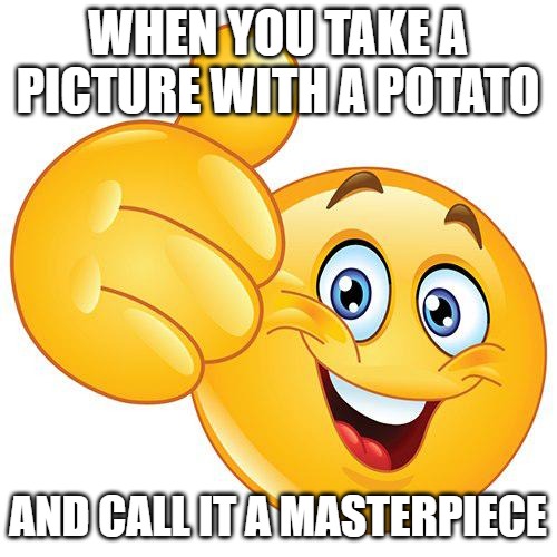 WHEN YOU TAKE A PICTURE WITH A POTATO; AND CALL IT A MASTERPIECE | image tagged in thumbs up emoji | made w/ Imgflip meme maker