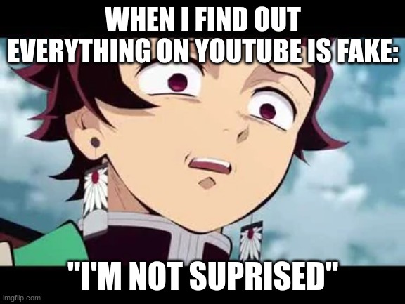 when you find out everything on youtube is fake | WHEN I FIND OUT EVERYTHING ON YOUTUBE IS FAKE:; "I'M NOT SUPRISED" | image tagged in demon slayer,youtube,fake,tanjiro | made w/ Imgflip meme maker