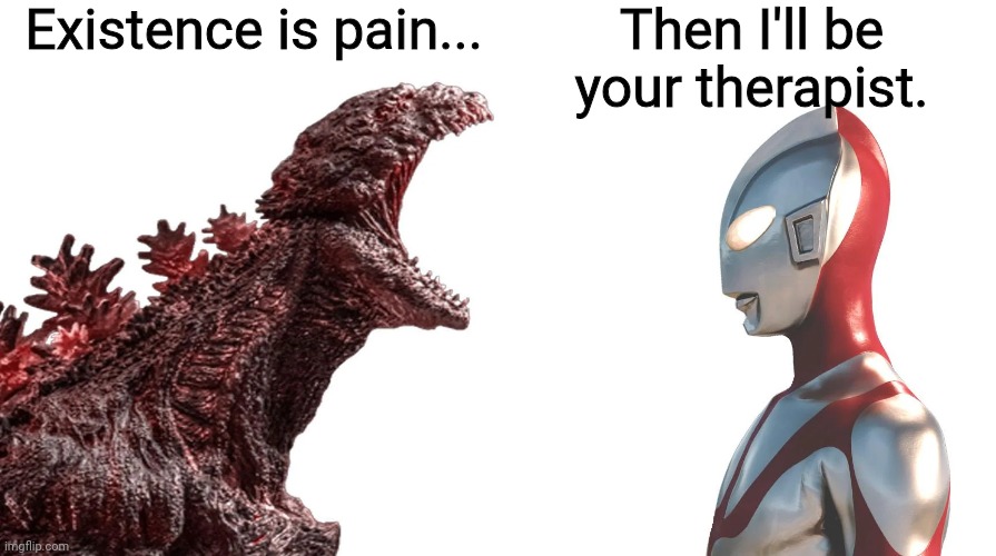 Who will know his tragedy? | Existence is pain... Then I'll be your therapist. | image tagged in shin godzilla yelling at shin ultraman,godzilla | made w/ Imgflip meme maker