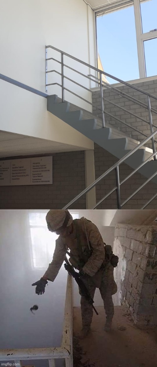 *bombs the wall* | image tagged in grenade drop,stairs,stair,memes,wall,you had one job | made w/ Imgflip meme maker