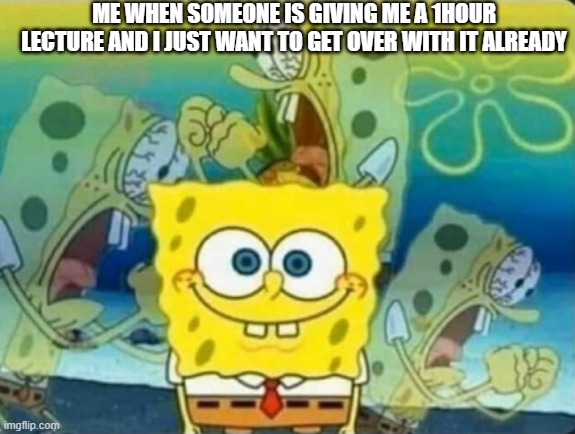 :) | ME WHEN SOMEONE IS GIVING ME A 1HOUR LECTURE AND I JUST WANT TO GET OVER WITH IT ALREADY | image tagged in internal screaming,mad | made w/ Imgflip meme maker