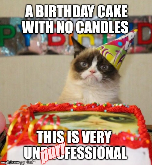 Grumpy cat birthday | A BIRTHDAY CAKE WITH NO CANDLES; THIS IS VERY
 UNPROFESSIONAL; purr | image tagged in memes,grumpy cat birthday,grumpy cat,happy birthday,sad cat,cat | made w/ Imgflip meme maker