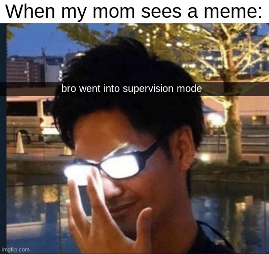 ultimate vision mode | When my mom sees a meme:; bro went into supervision mode | image tagged in anime glasses,funny,memes,so true memes | made w/ Imgflip meme maker