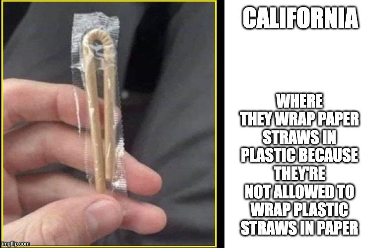 Better for the Environment | CALIFORNIA; WHERE THEY WRAP PAPER STRAWS IN PLASTIC BECAUSE THEY'RE NOT ALLOWED TO WRAP PLASTIC STRAWS IN PAPER | image tagged in green new deal,plastic | made w/ Imgflip meme maker