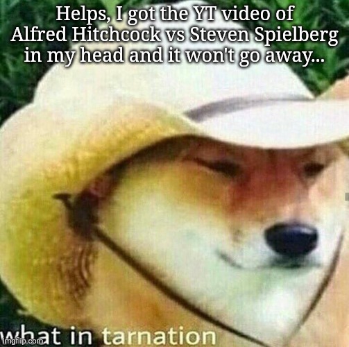 I might steal temps | Helps, I got the YT video of Alfred Hitchcock vs Steven Spielberg in my head and it won't go away... | image tagged in what in tarnation dog | made w/ Imgflip meme maker