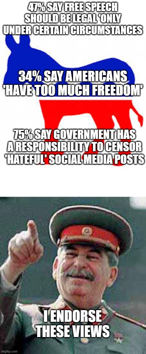 yesterdays liberals, todays totalitarians | 47% SAY FREE SPEECH SHOULD BE LEGAL 'ONLY UNDER CERTAIN CIRCUMSTANCES; 34% SAY AMERICANS 'HAVE TOO MUCH FREEDOM'; 75% SAY GOVERNMENT HAS A RESPONSIBILITY TO CENSOR 'HATEFUL' SOCIAL MEDIA POSTS; I ENDORSE THESE VIEWS | image tagged in democrat donkey,stalin says | made w/ Imgflip meme maker