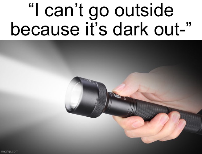 flashlight | “I can’t go outside
because it’s dark out-” | image tagged in flashlight | made w/ Imgflip meme maker