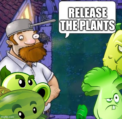 Crazy Dave | RELEASE THE PLANTS | image tagged in crazy dave | made w/ Imgflip meme maker