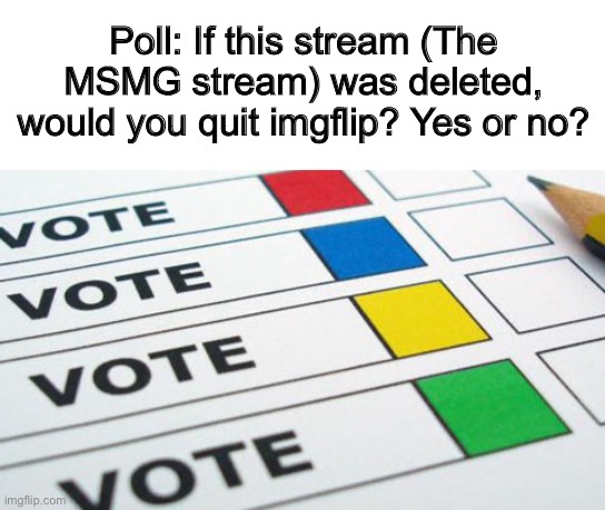 I know THIS isn’t the MSMG stream, I just said so since I memeplugged from MSMG | Poll: If this stream (The MSMG stream) was deleted, would you quit imgflip? Yes or no? | image tagged in political poll | made w/ Imgflip meme maker